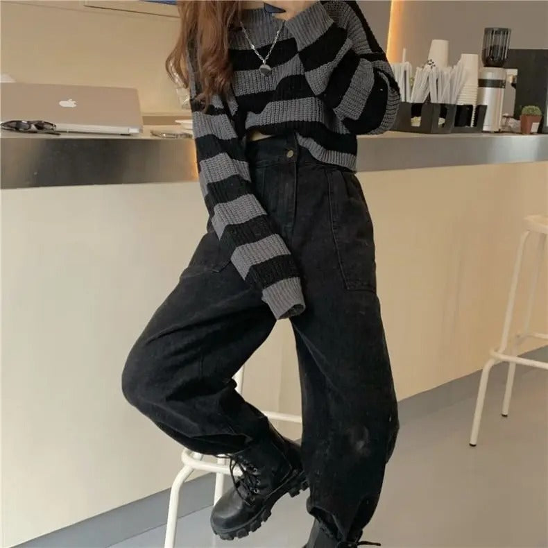 Vintage oversized oříznutý svetr pro ženy