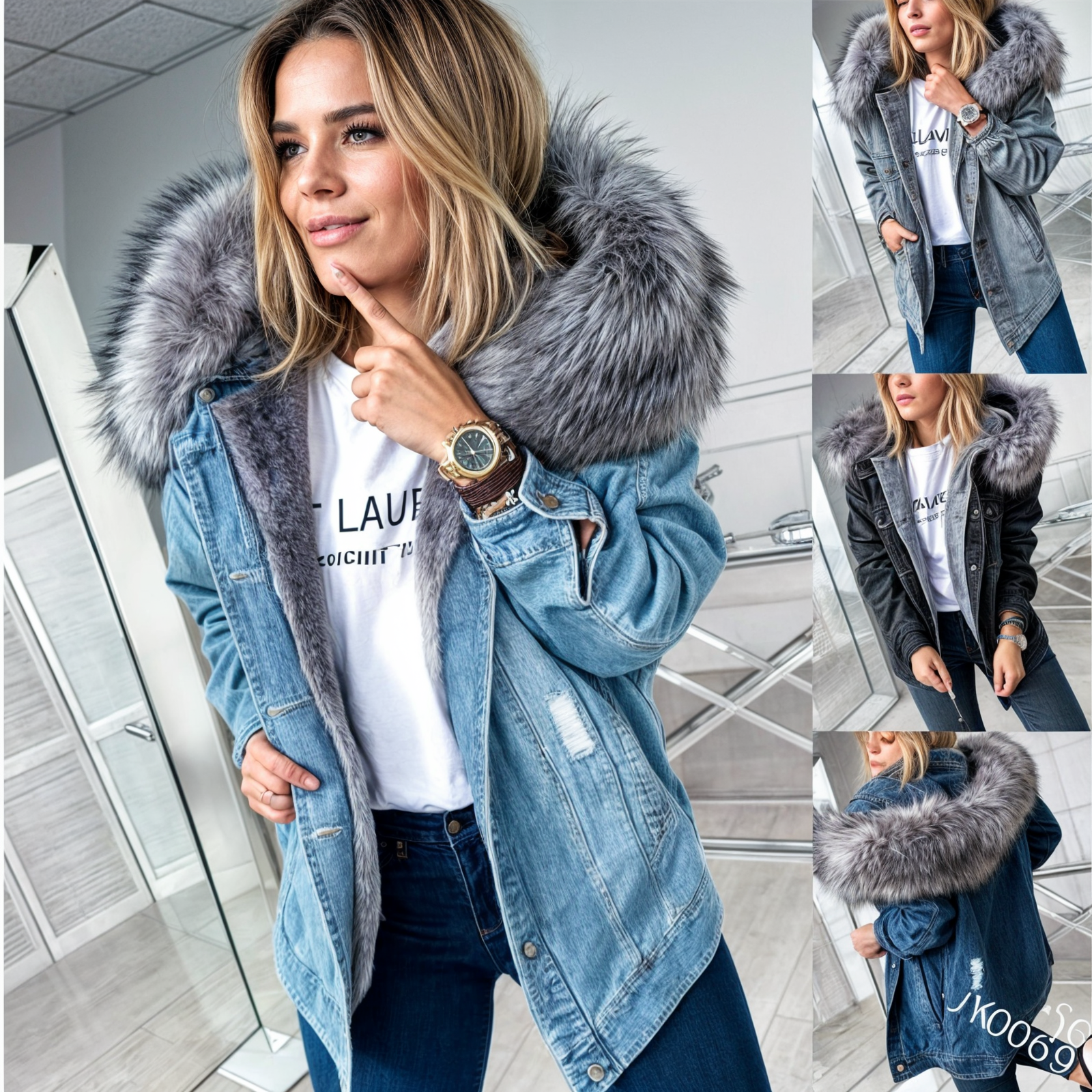 Dámská džínová bunda s kožešinovým límcem