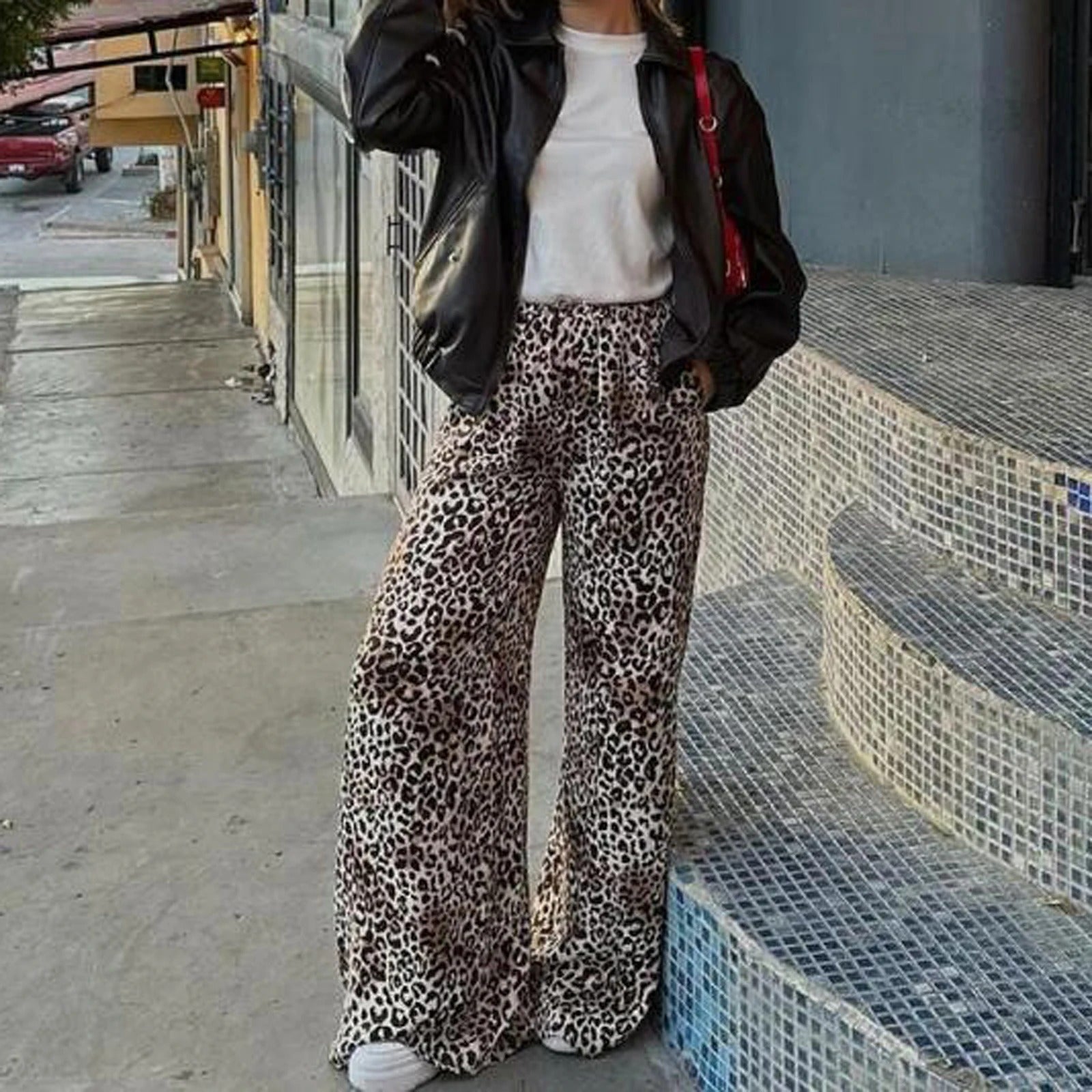 Vintage leopardí potisk široké kalhoty