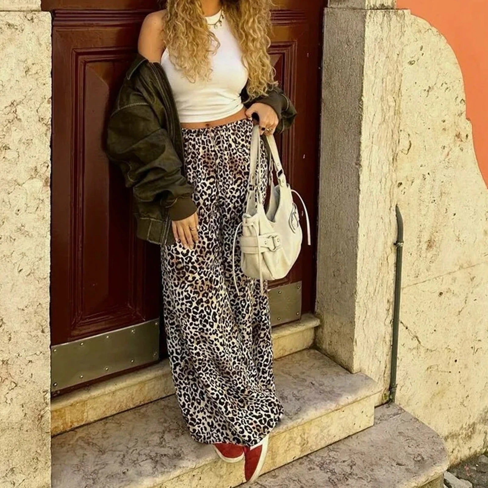 Vintage leopardí potisk široké kalhoty