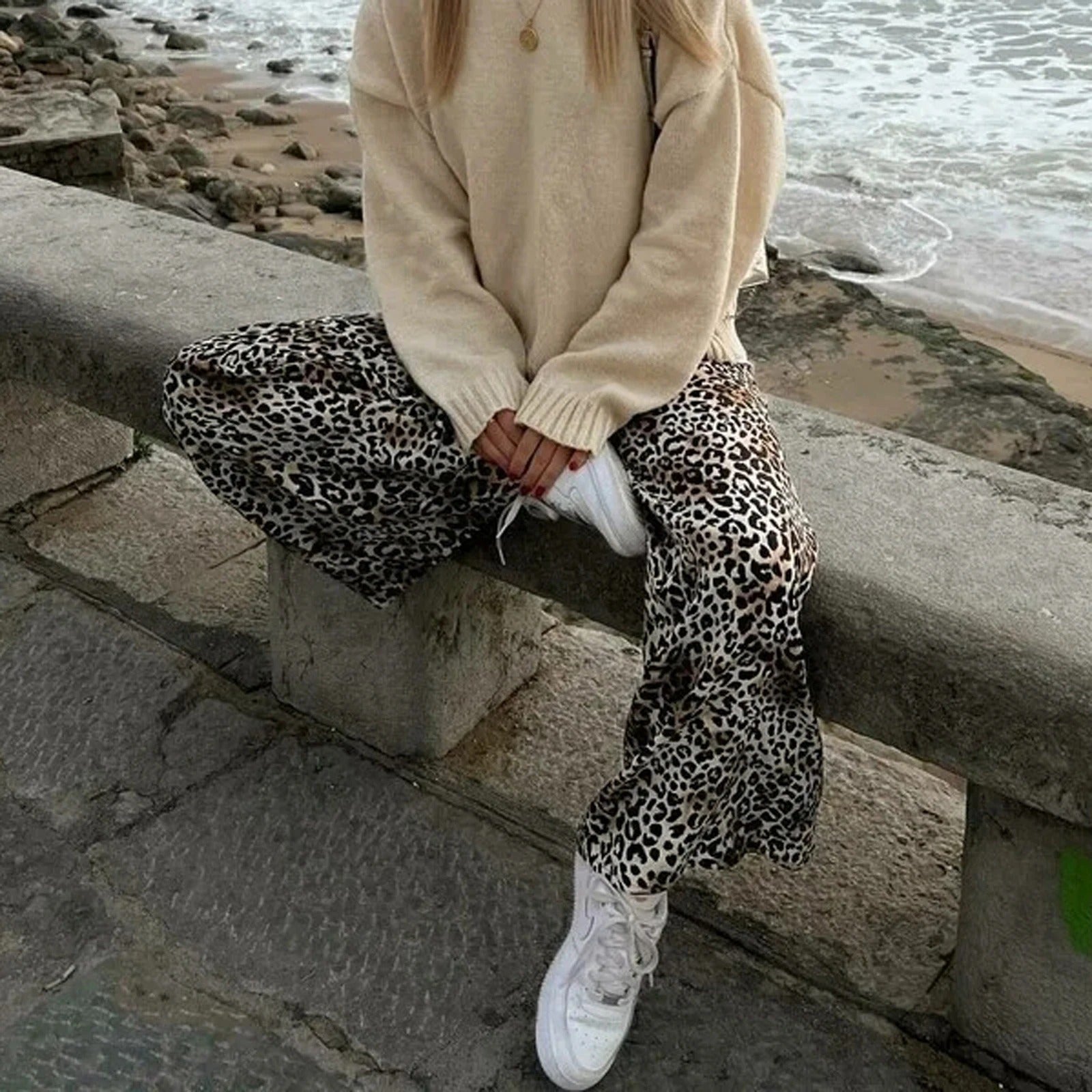 Vintage leopardí potisk široké kalhoty