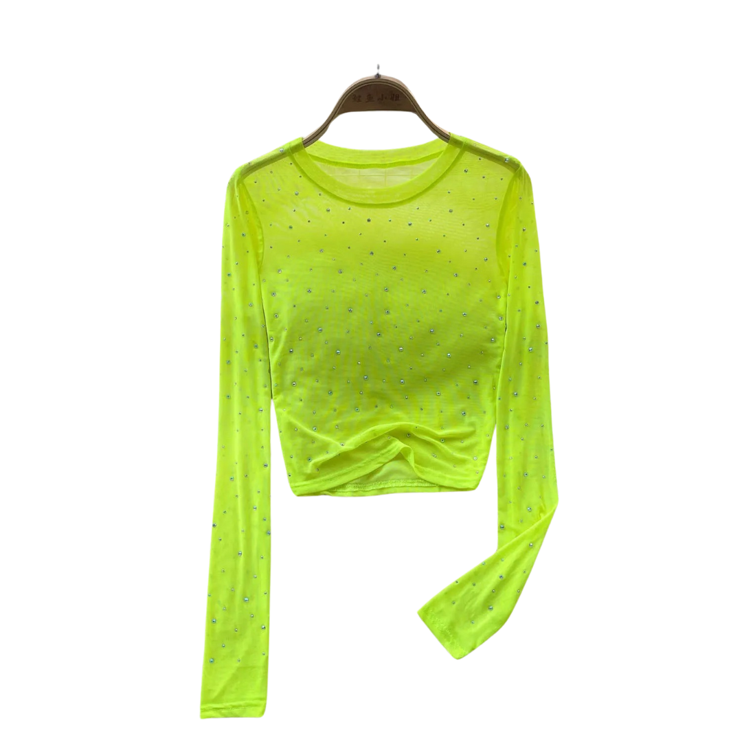 Dámské tričko s dlouhým rukávem z mřížkované síťoviny s kamínky