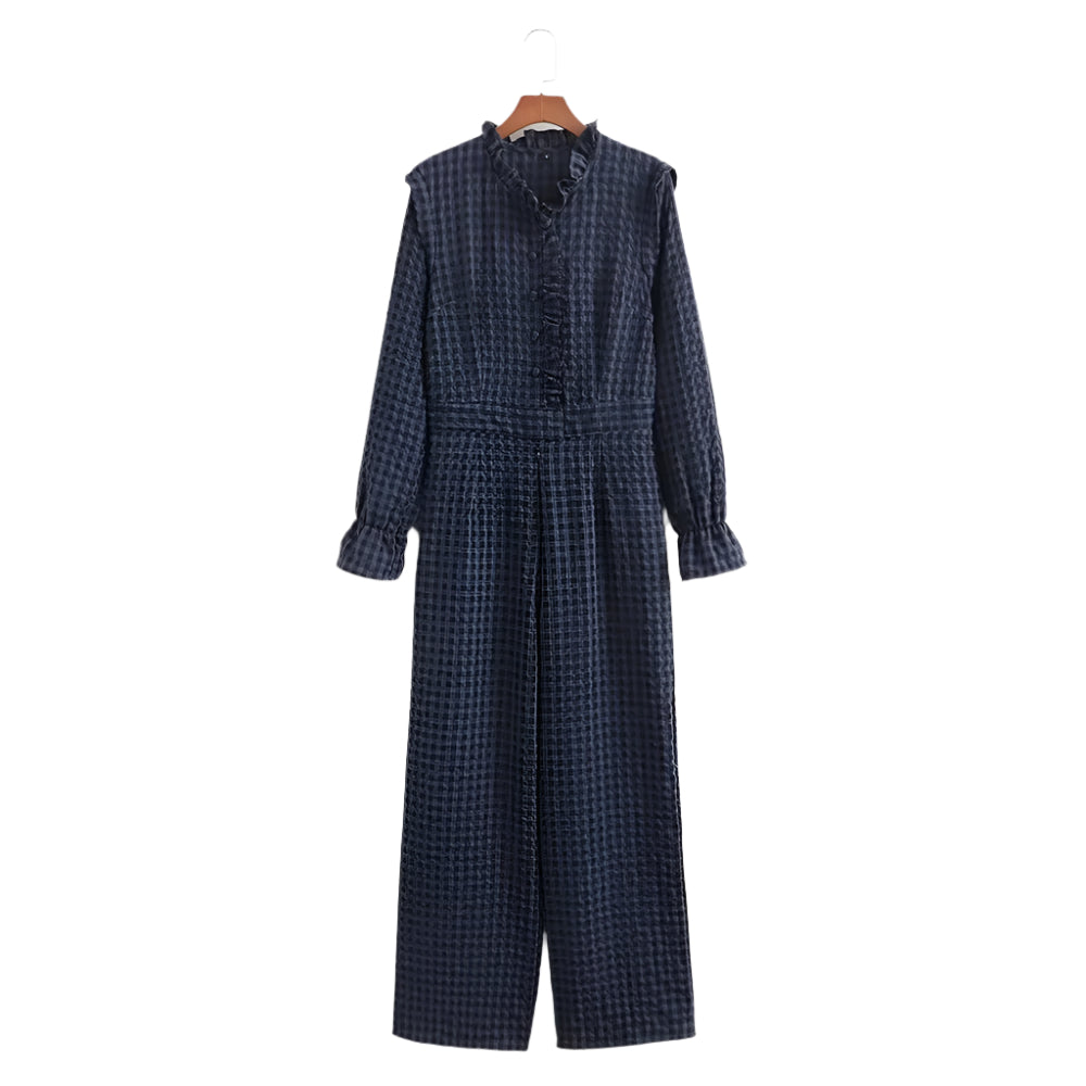 Dámský kostkovaný overal s bublinovými rukávy